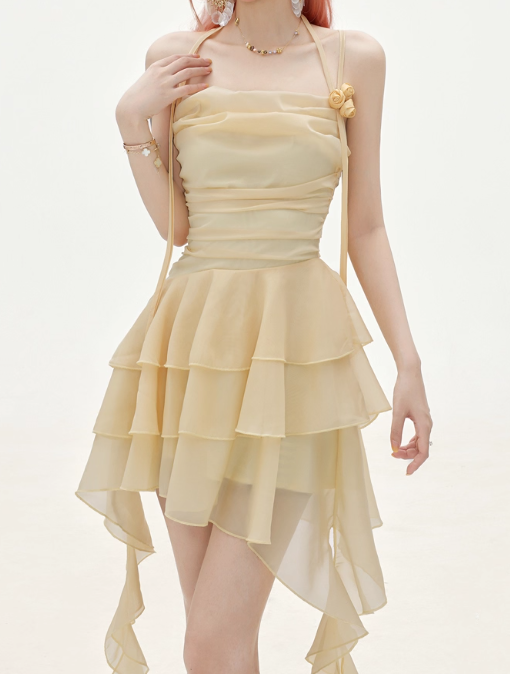Flowy A Line Halter Layered Yellow Chiffon Open Back Short Homecoming Dress Cocktail Dress