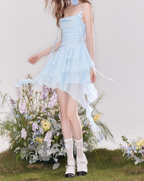 Flowy A Line Halter Layered Yellow Chiffon Open Back Short Homecoming Dress Cocktail Dress