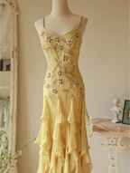 Flowy Strapless Yellow Beaded Jellyfish Skirt Chiffon Classy Prom Dress