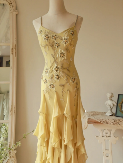 Flowy Strapless Yellow Beaded Jellyfish Skirt Chiffon Classy Prom Dress