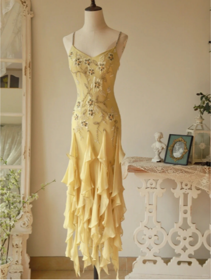 Flowy Strapless Yellow Beaded Jellyfish Skirt Chiffon Classy Prom Dress
