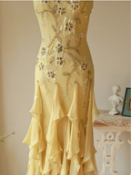 Flowy Strapless Yellow Beaded Jellyfish Skirt Chiffon Classy Prom Dress