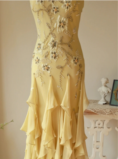 Flowy Strapless Yellow Beaded Jellyfish Skirt Chiffon Classy Prom Dress