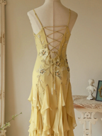 Flowy Strapless Yellow Beaded Jellyfish Skirt Chiffon Classy Prom Dress
