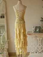 Flowy Strapless Yellow Beaded Jellyfish Skirt Chiffon Classy Prom Dress