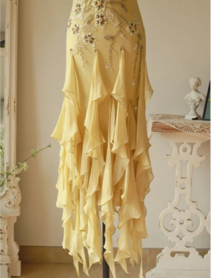 Flowy Strapless Yellow Beaded Jellyfish Skirt Chiffon Classy Prom Dress