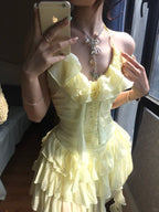 Flowy Yellow Chiffon Ruffle Mini 17Th Birthday Homecoming Dress