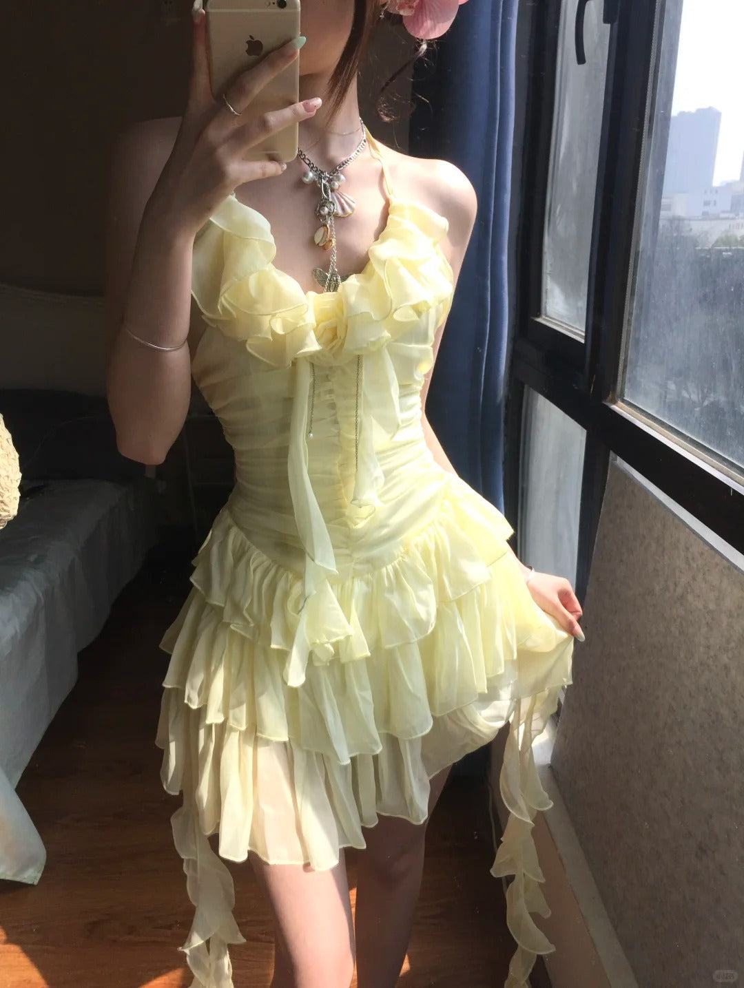 Flowy Yellow Chiffon Ruffle Mini 17Th Birthday Homecoming Dress Main image