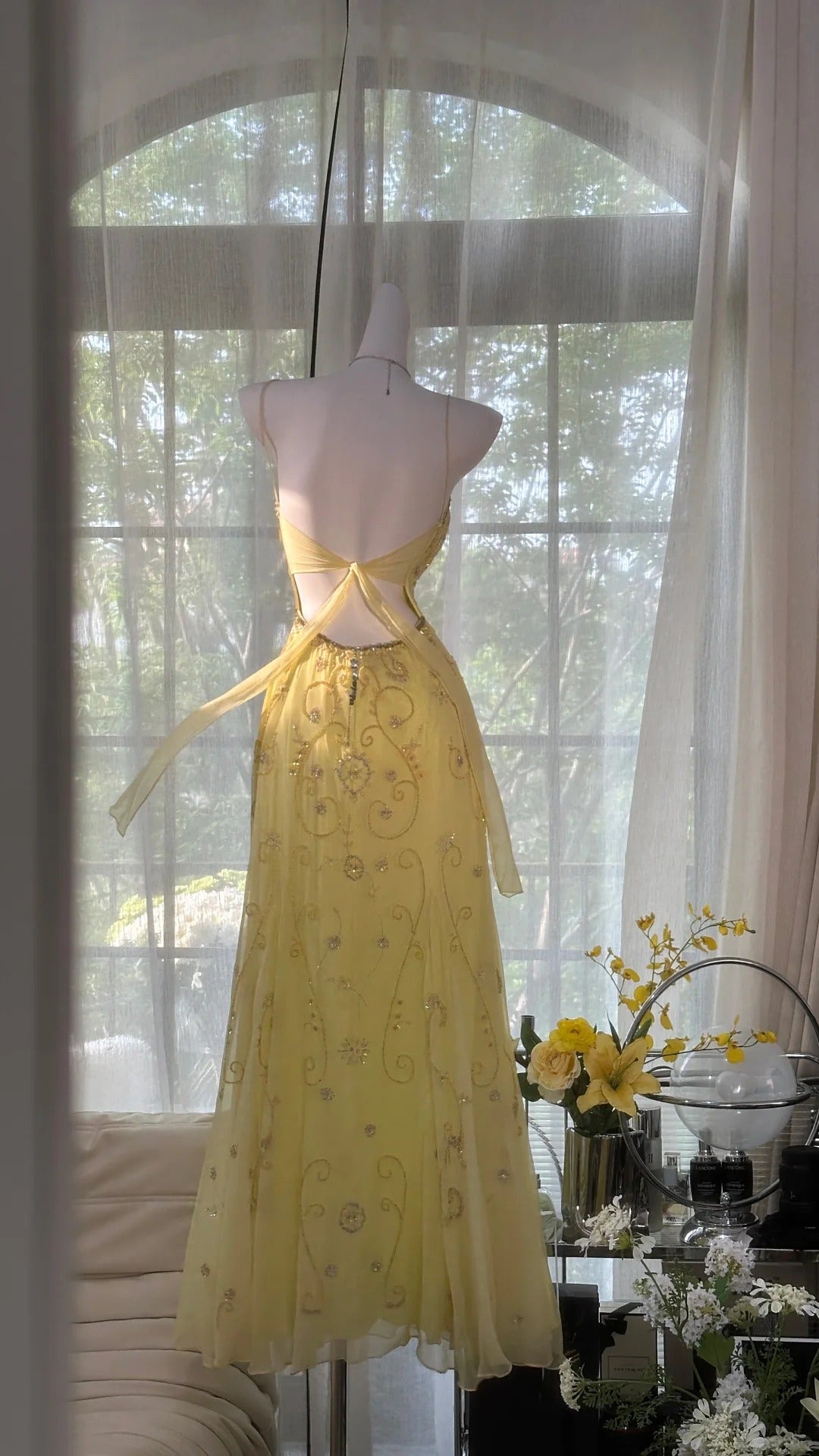 Flowy Yellow Spaghetti Strap Chiffon Beaded Mermaid Prom Gown Classy Prom Dress Secondary image