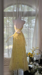 Flowy Yellow Spaghetti Strap Chiffon Beaded Mermaid Prom Gown Classy Prom Dress