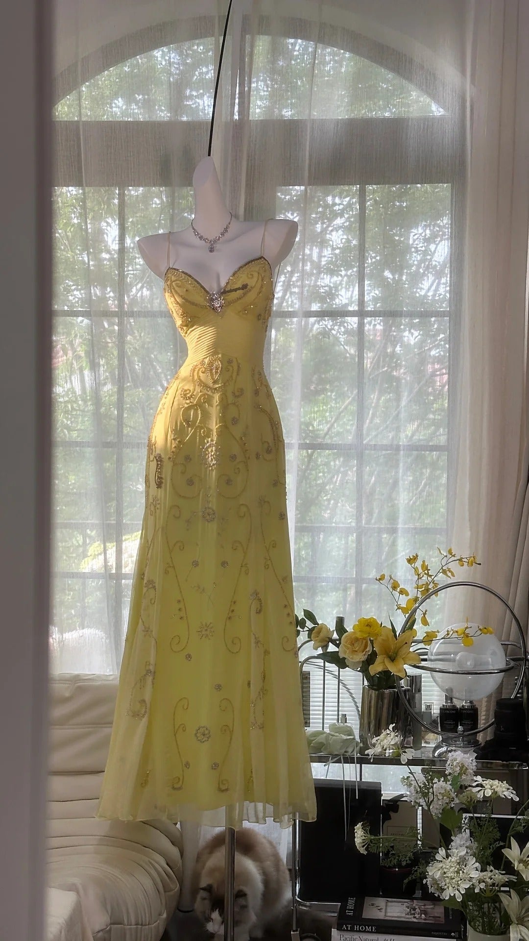 Flowy Yellow Spaghetti Strap Chiffon Beaded Mermaid Prom Gown Classy Prom Dress