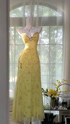 Flowy Yellow Spaghetti Strap Chiffon Beaded Mermaid Prom Gown Classy Prom Dress