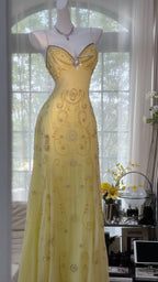 Flowy Yellow Spaghetti Strap Chiffon Beaded Mermaid Prom Gown Classy Prom Dress