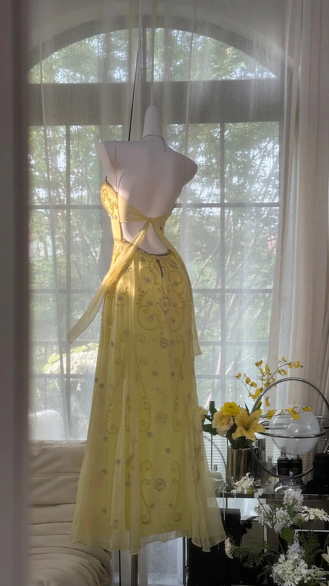 Flowy Yellow Spaghetti Strap Chiffon Beaded Mermaid Prom Gown Classy Prom Dress