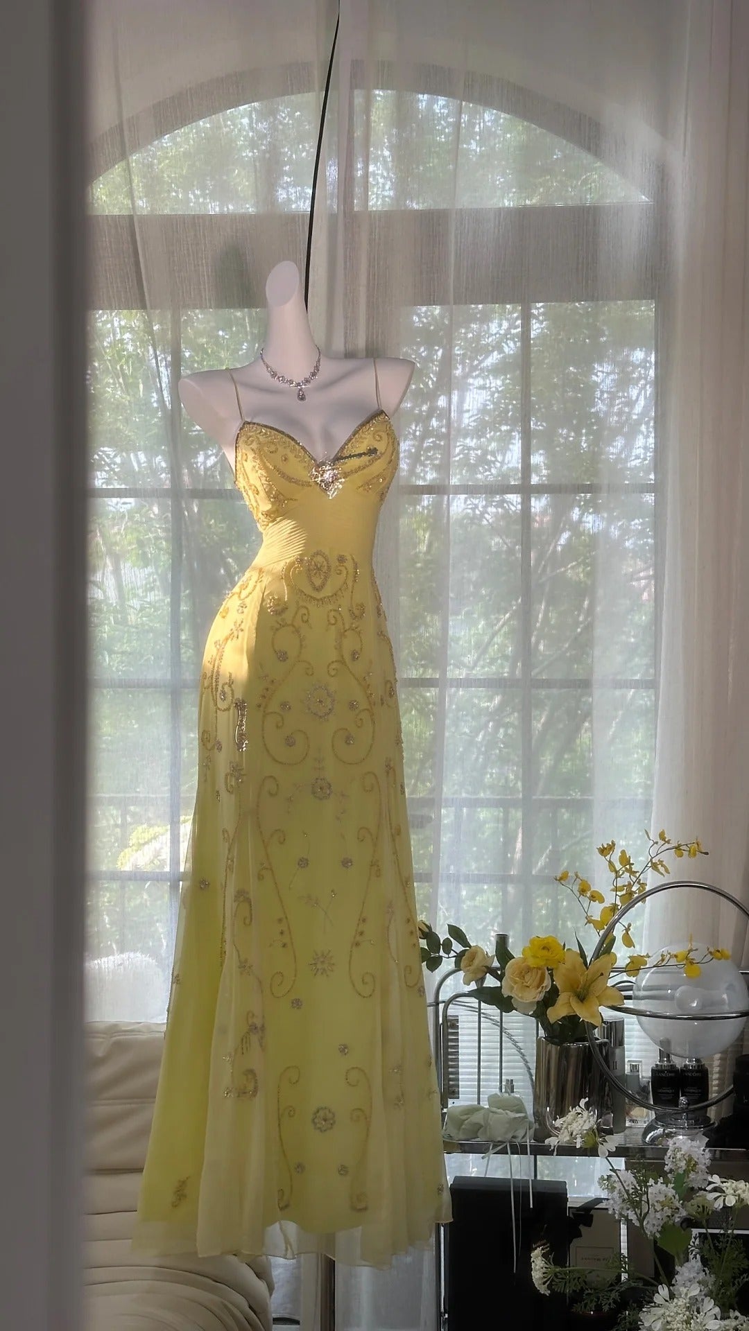 Flowy Yellow Spaghetti Strap Chiffon Beaded Mermaid Prom Gown Classy Prom Dress