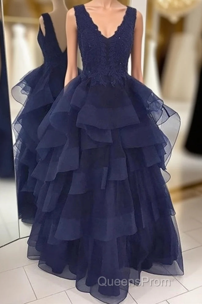 Fluffy V Neck Backless Navy Blue Lace Long Evening Prom Dress, Open Back Navy Blue Lace Formal Dress, Navy Blue Lace Evening Dress, Ball Gown Main image