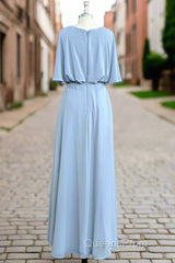 Flutter Sleeves Chiffon Sky Blue Bridesmaid Dress with Sash Bow Max Dress