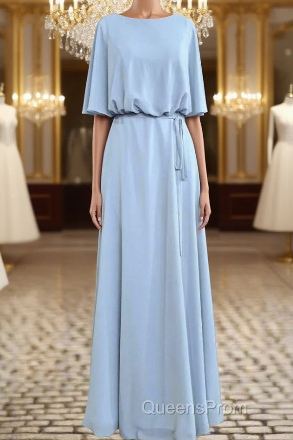 Flutter Sleeves Chiffon Sky Blue Bridesmaid Dress with Sash Bow Max Dress Main image