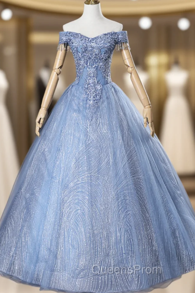For The Very Best In Unique Or Custom. Blue Ball Gown Tulle Sequins Off the Shoulder Beading Quinceanera Dress Main image