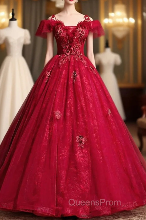 For This Year Biggest Dance Dark Burgundy Ball Gown Tulle Spagehtti Straps Appliques Quinceanera Dress Main image