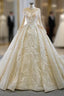 For You Champagne Ball Gown Tulle Appliques Long Sleeve Beading Wedding Dress