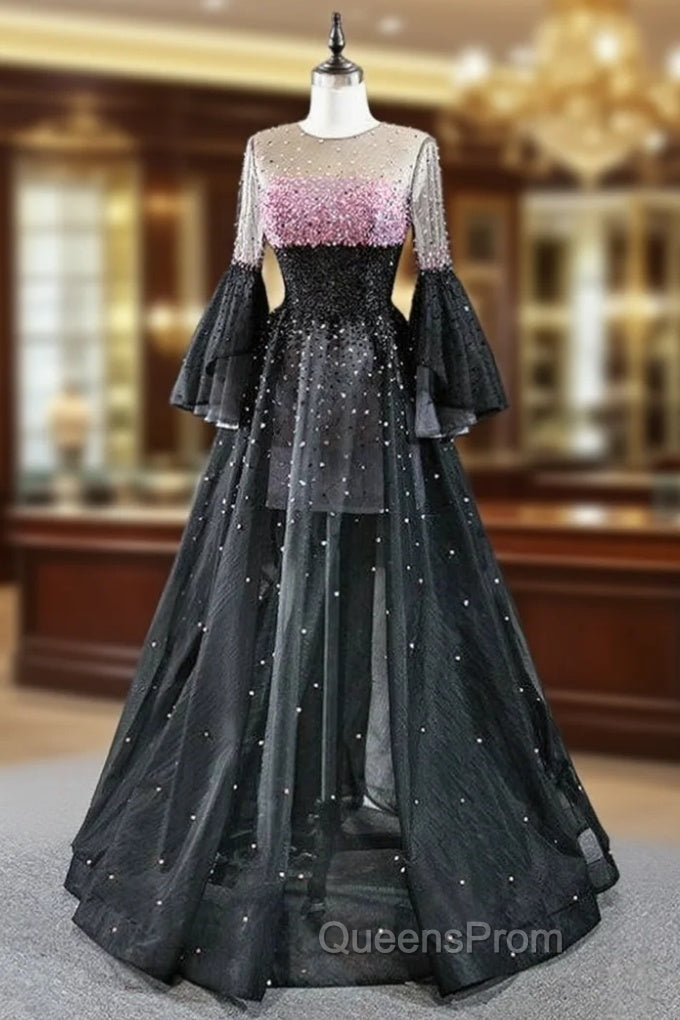 For You Next Evening Prom Dance Black Ball Gown Tulle Long Sleeve Beading Evening Prom Dress Main image