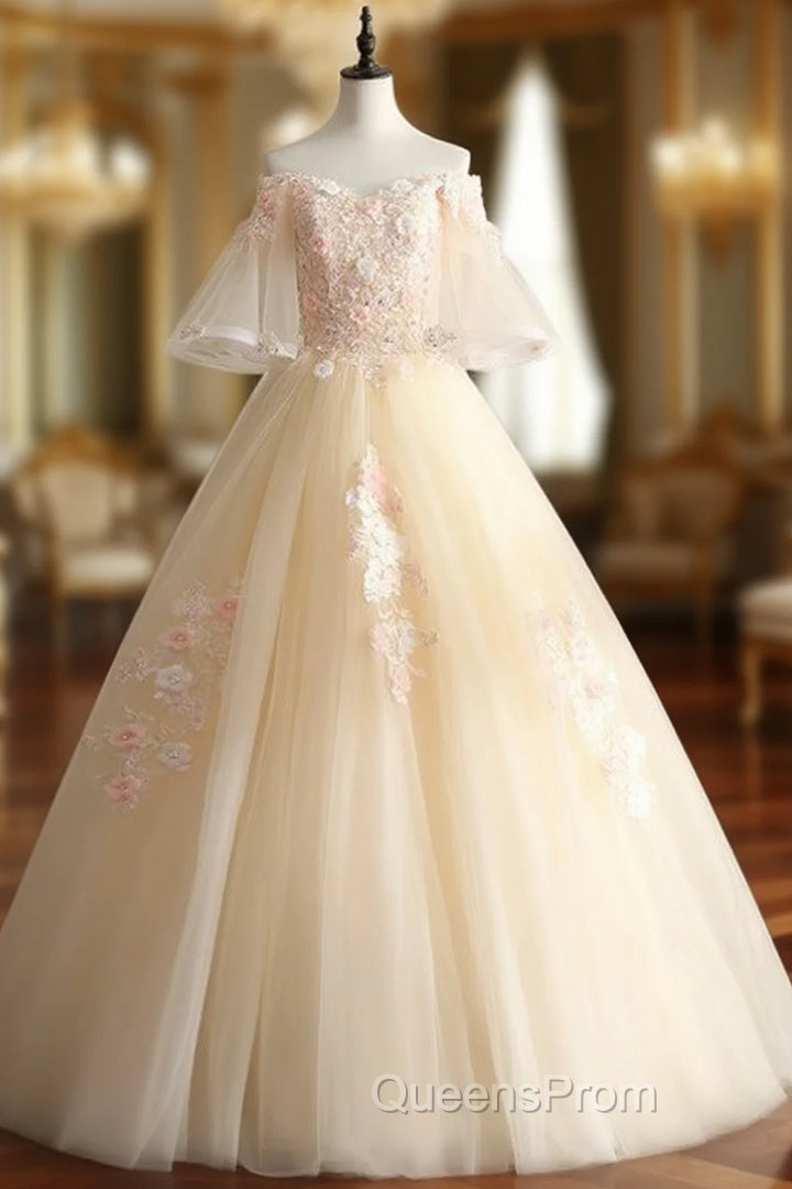 For You Next Evening Prom Dance Champagne Ball Gown Tulle Off the Shoulder Horn Sleeve Quinceanera Dress Main image