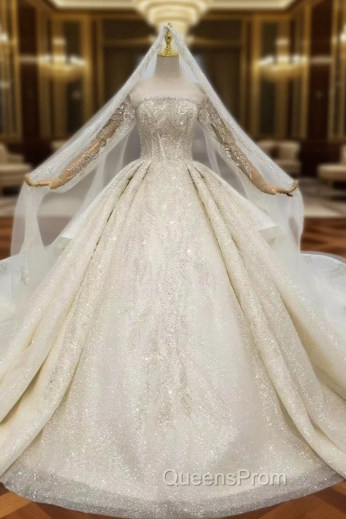For You Next Evening Prom Dance Champagne Ball Gown Tulle Sequins Beading Off the Shoulder Wedding Dress With Removable Train Main image