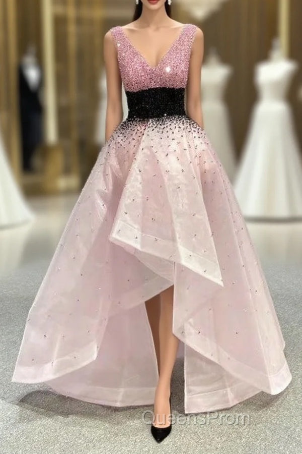 For You Pink  Organza V-neck Heavy Beading Evening Prom Dress