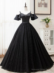 For Your Big Night Black Ball Gown Tulle Spagehtti Straps Quinceanera Dress