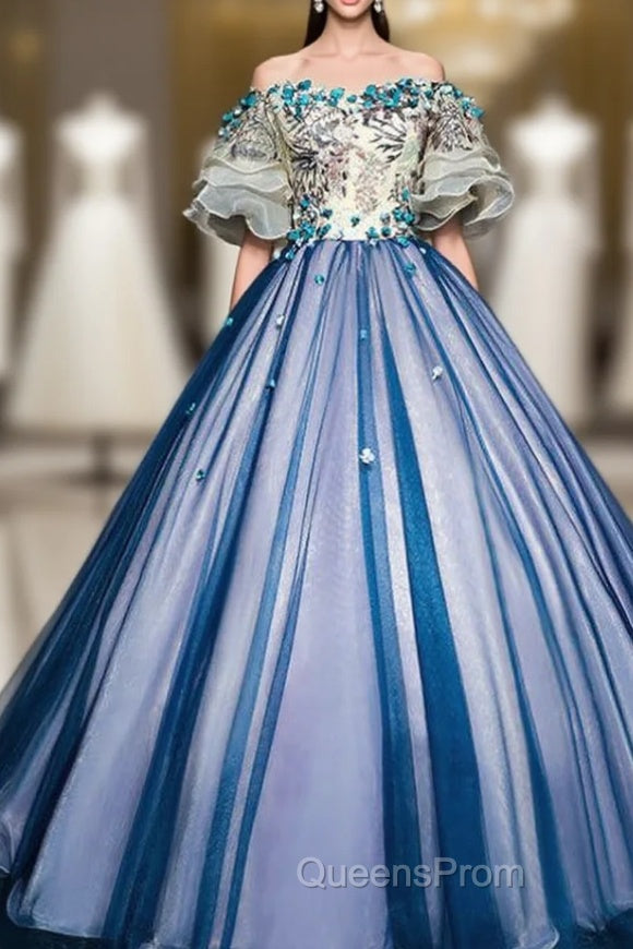 For Your Big Night Blue Ball Gown Tulle Off the Shoulder Puff Sleeve Quinceanera Dress