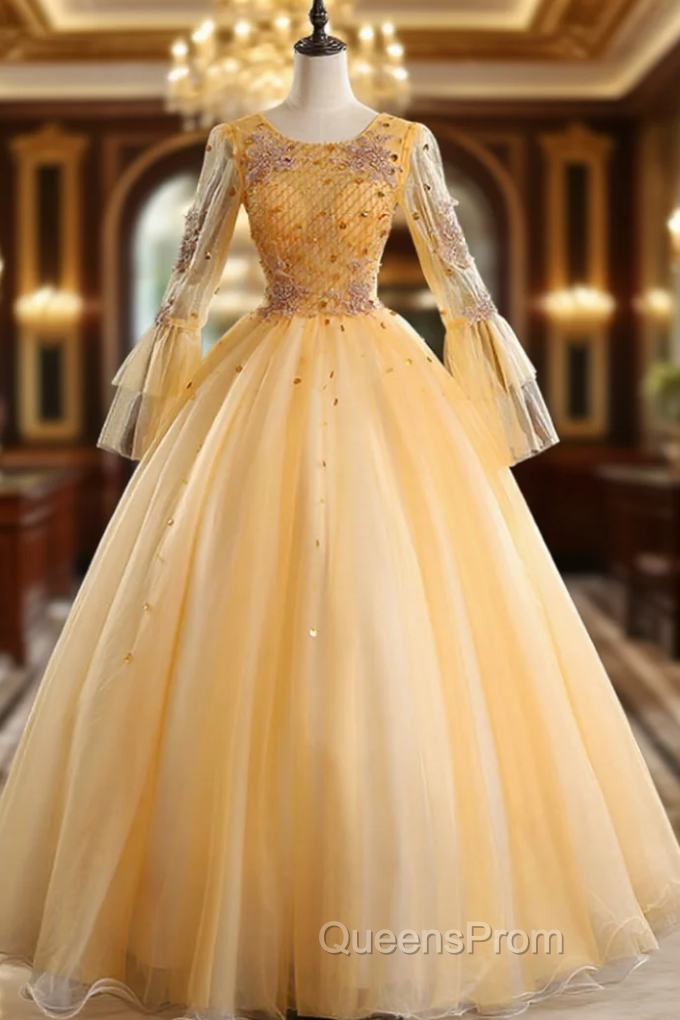 For Your Big Night Gold Ball Gown Tulle Long Sleeve Beading Quinceanera Dress Main image