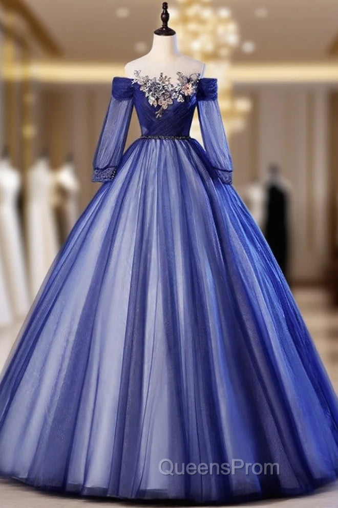 For Your Big Night Navy Blue Ball Gown Tulle Long Sleeve Appliques Quinceanera Dress Main image