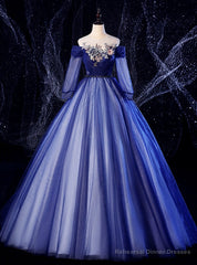 For Your Big Night Navy Blue Ball Gown Tulle Long Sleeve Appliques Quinceanera Dress