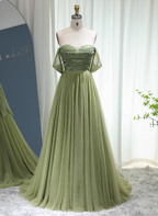 Forest Avocado Green Off-The-Shoulder Sequin Tulle Train Classy Prom Dress