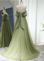 Forest Avocado Green Off-The-Shoulder Sequin Tulle Train Classy Prom Dress
