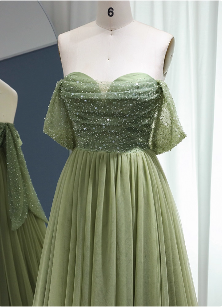 Forest Avocado Green Off-The-Shoulder Sequin Tulle Train Classy Prom Dress
