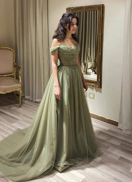Forest Avocado Green Off-The-Shoulder Sequin Tulle Train Classy Prom Dress