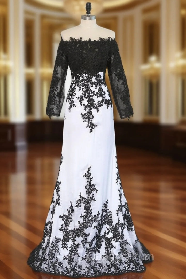 Evening Celebrity Dress Mermaid Long Sleeves Evening Dress Black White Appliques Main image