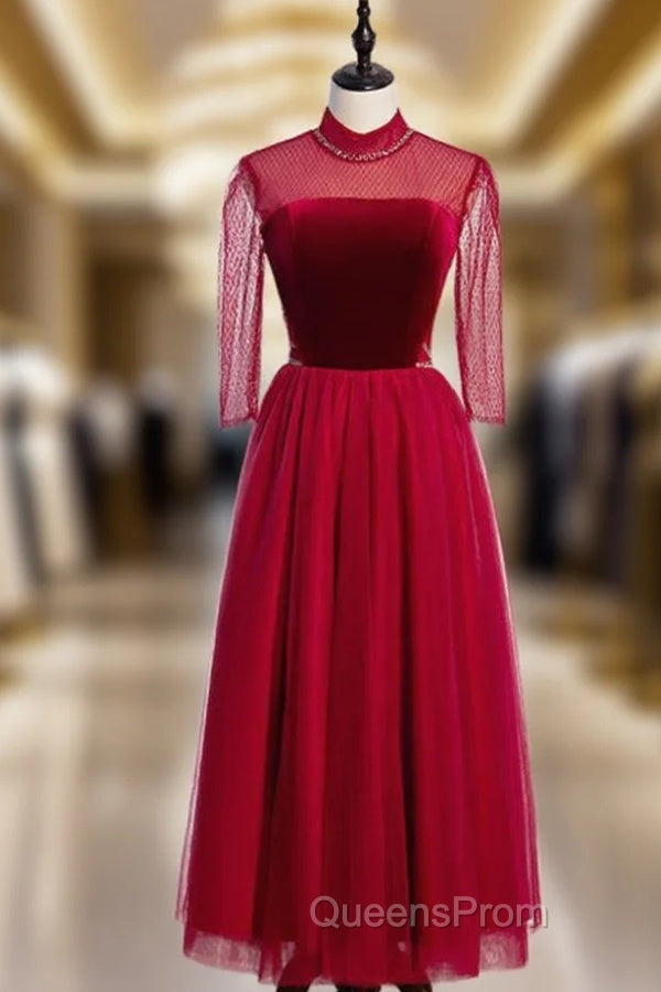 Evening Tulle Burgundy Short Sleeve High Neck Evening Prom Dress Main image