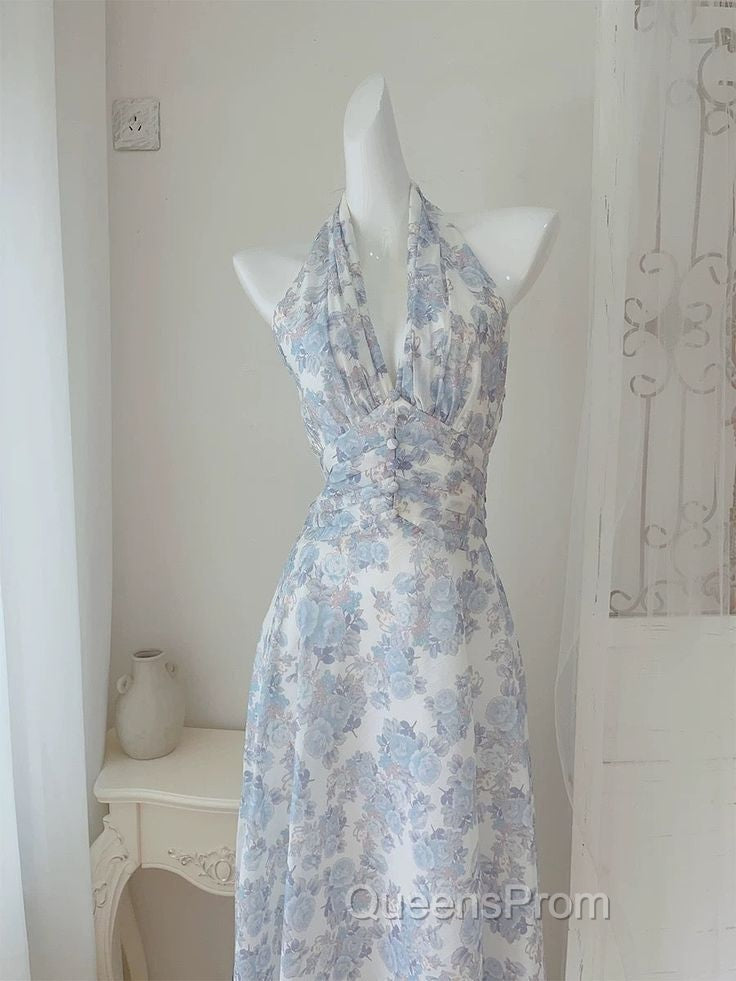 French Halter V Neck Print Floral Long Evening Prom Dress Chiffon Evening Dress Secondary image