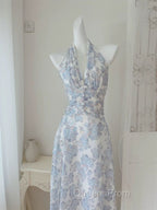 French Halter V Neck Print Floral Long Evening Prom Dress Chiffon Evening Dress