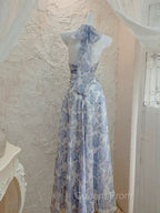 French Halter V Neck Print Floral Long Evening Prom Dress Chiffon Evening Dress