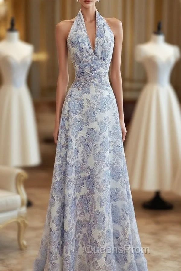 French Halter V Neck Print Floral Long Evening Prom Dress Chiffon Evening Dress Main image