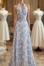 French Halter V Neck Print Floral Long Evening Prom Dress Chiffon Evening Dress