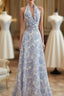 French Halter V Neck Print Floral Long Evening Prom Dress Chiffon Evening Dress