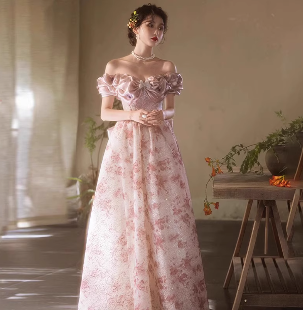 French Pink Printed A-Line Off-The-Shoulder Bow Tulle Long Classy Prom Dress Secondary image