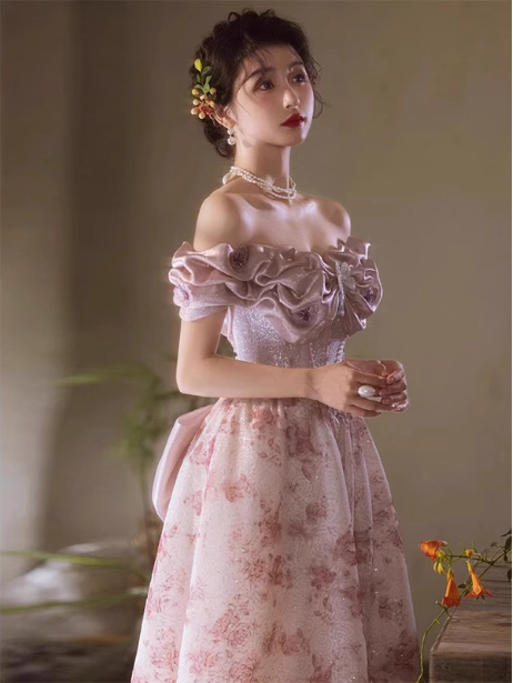 French Pink Printed A-Line Off-The-Shoulder Bow Tulle Long Classy Prom Dress