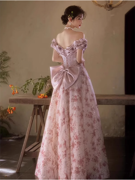 French Pink Printed A-Line Off-The-Shoulder Bow Tulle Long Classy Prom Dress