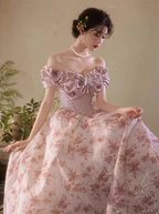 French Pink Printed A-Line Off-The-Shoulder Bow Tulle Long Classy Prom Dress